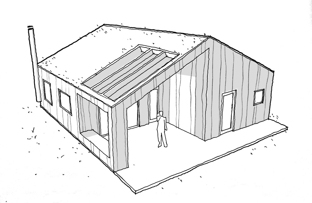 Skitseforslag til sommerhus, arkitekttegnet sommerhus, håndtegnet arkitekttegning
